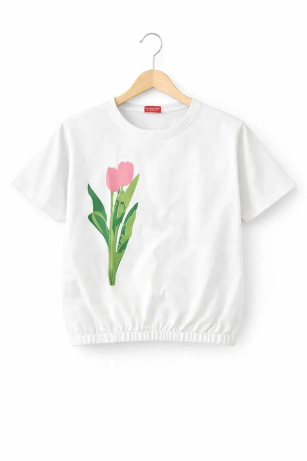 Short Length Tulip Print White T- Shirt- Girls (5N)