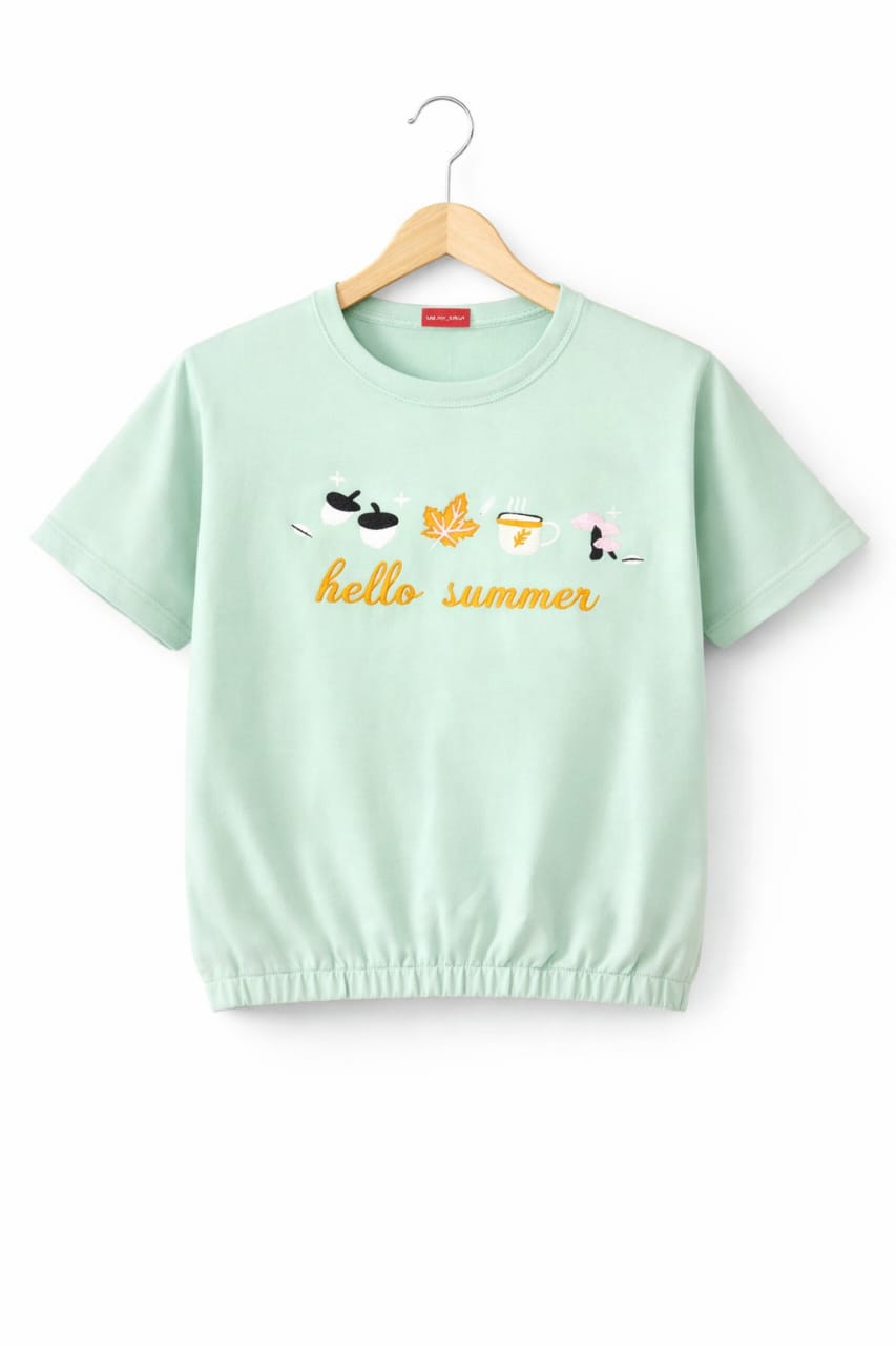 Short Length Cofee Print Embroidery T- Shirt- Girls