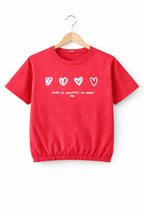 Short Length Five Heart Print Red T- Shirt- Girls