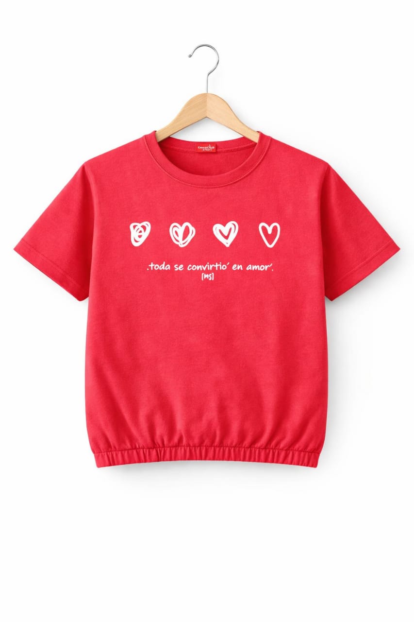 Short Length Five Heart Print Red T- Shirt- Girls