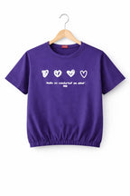 Short Length Five Heart Print Purple T- Shirt- Girls