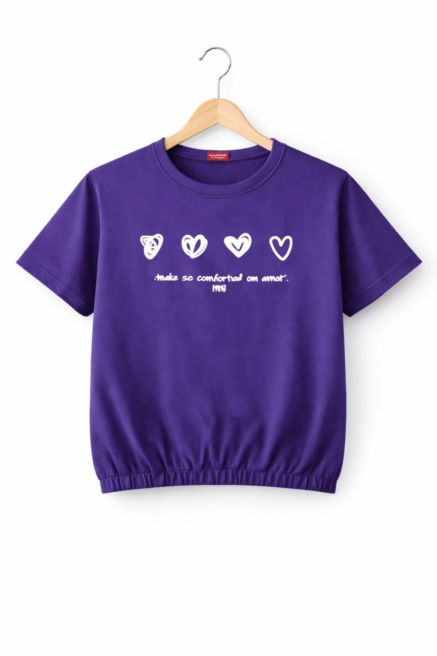 Short Length Five Heart Print Purple T- Shirt- Girls