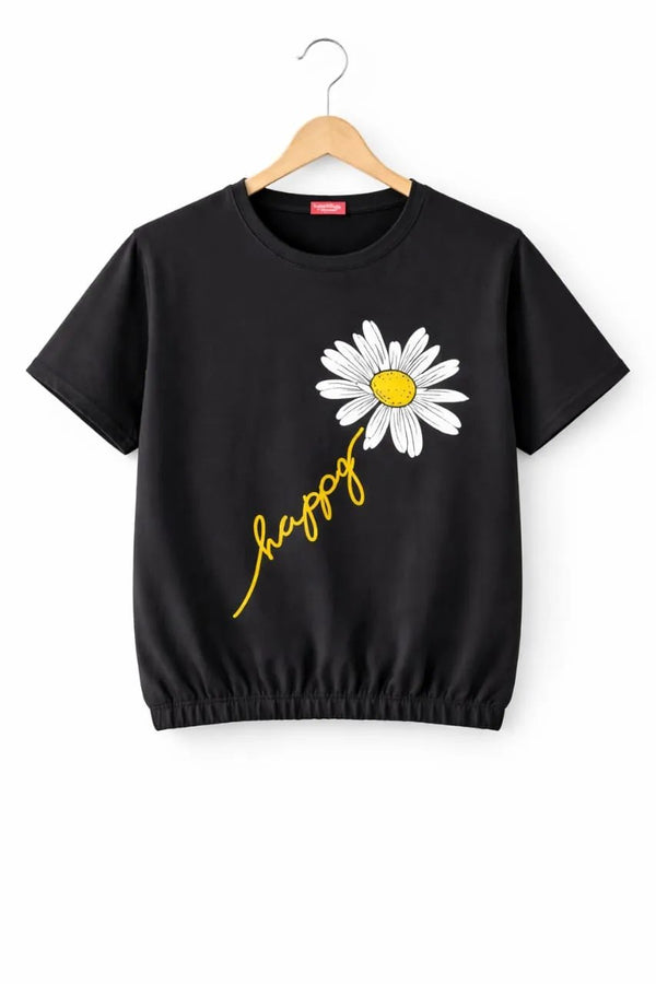 Short Length Sunflower Print Black T-Shirt for Girls (32N, 58N)