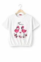 Short Length  Ducks Print White T- Shirt- Girls