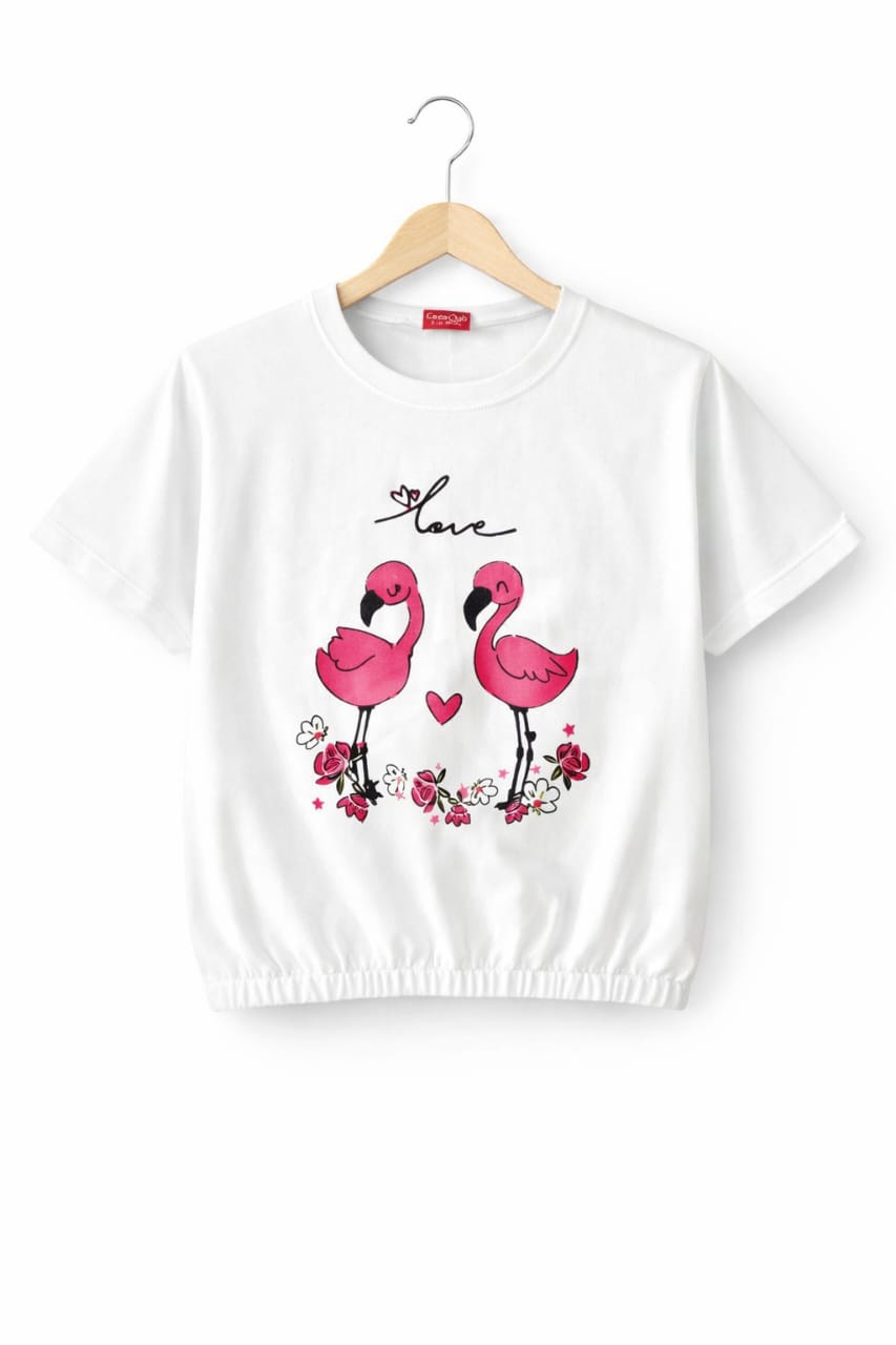 Short Length  Ducks Print White T- Shirt- Girls