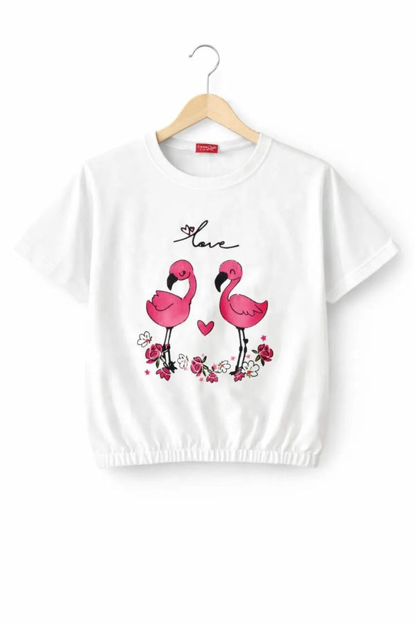 Short Length Flamingo Pair Print White T-Shirt for Girls (34N)