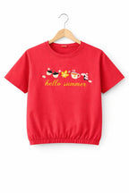 Short Length Cofee Print Red Embroidery T- Shirt- Girls