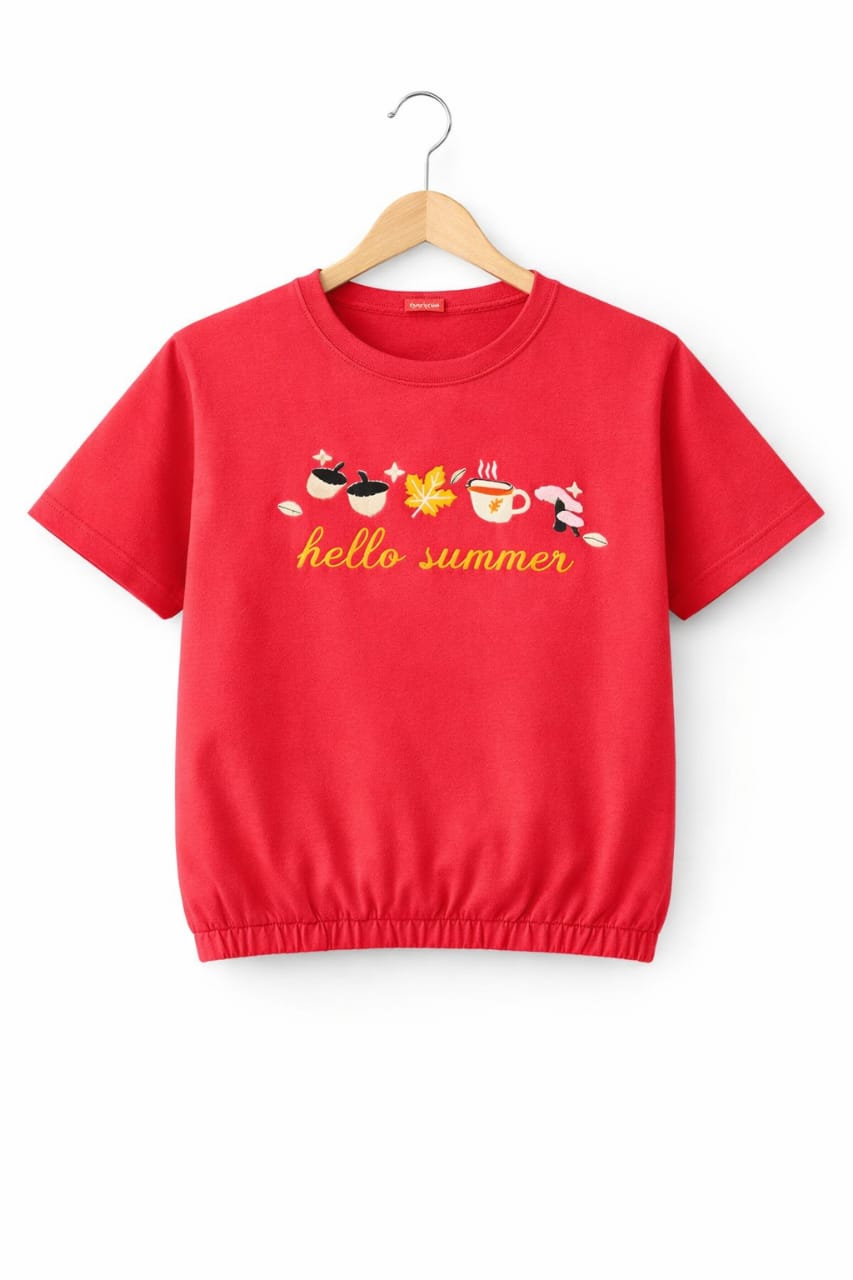 Short Length Cofee Print Red Embroidery T- Shirt- Girls