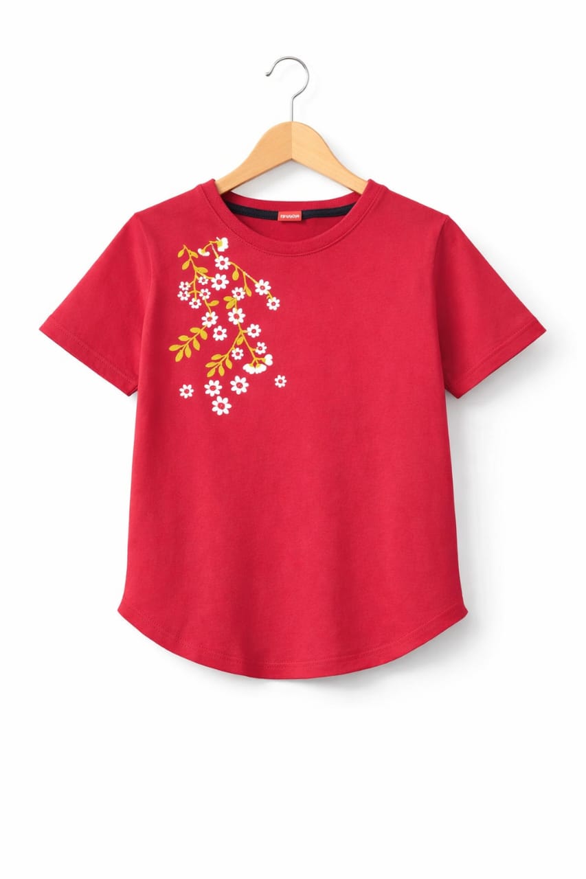 Floral Emroidery Print Red T- Shirt- Girls