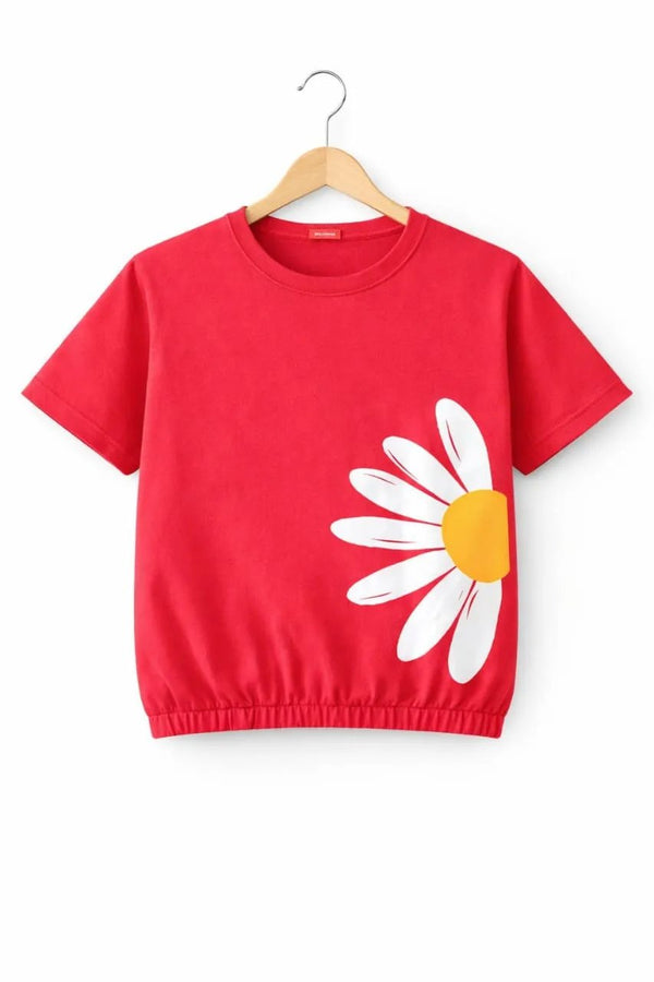 Short Length Sun Flower Print Red T- Shirt- Girls (7N)