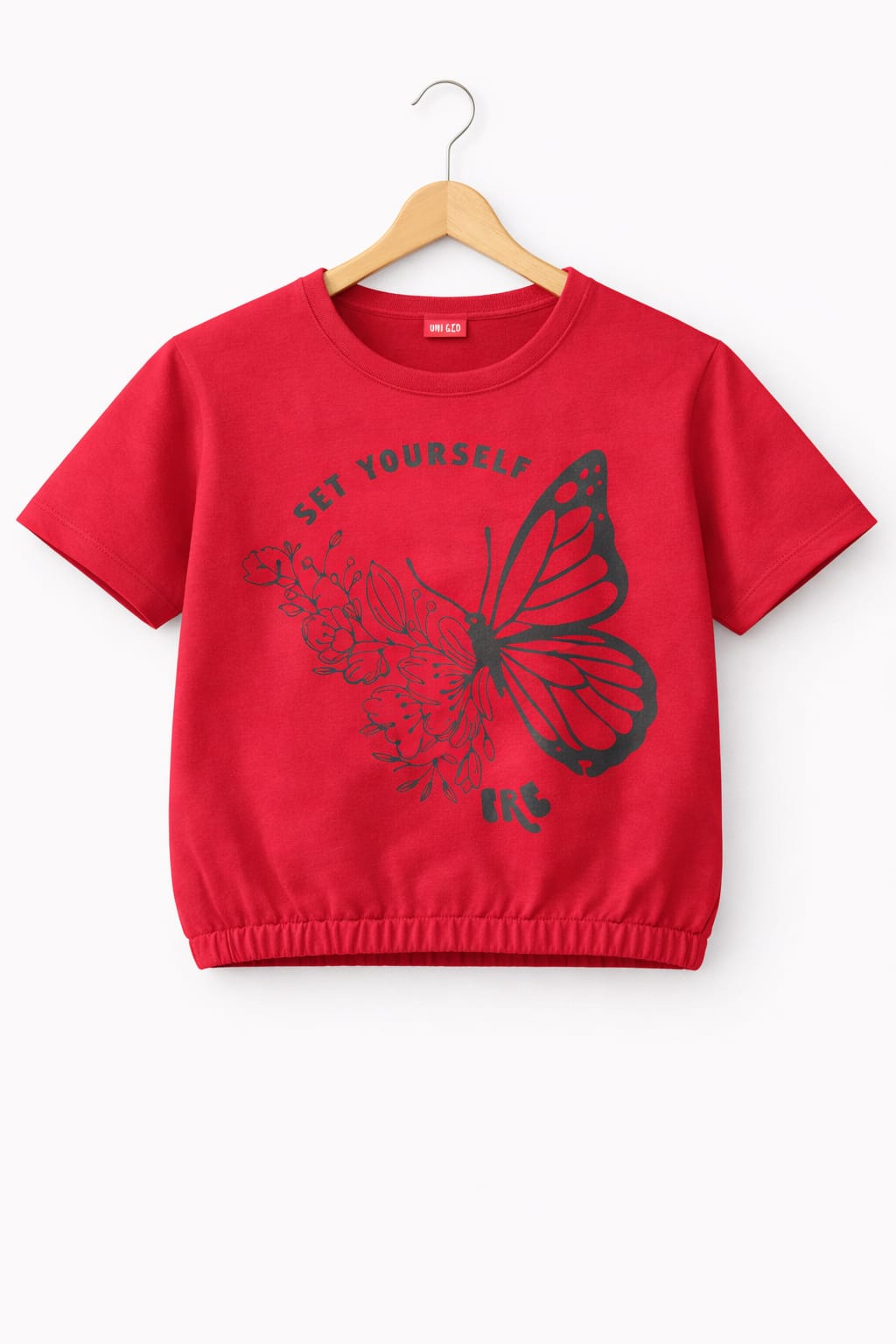 Short Length Butterfly Print red  T- Shirt- Girls