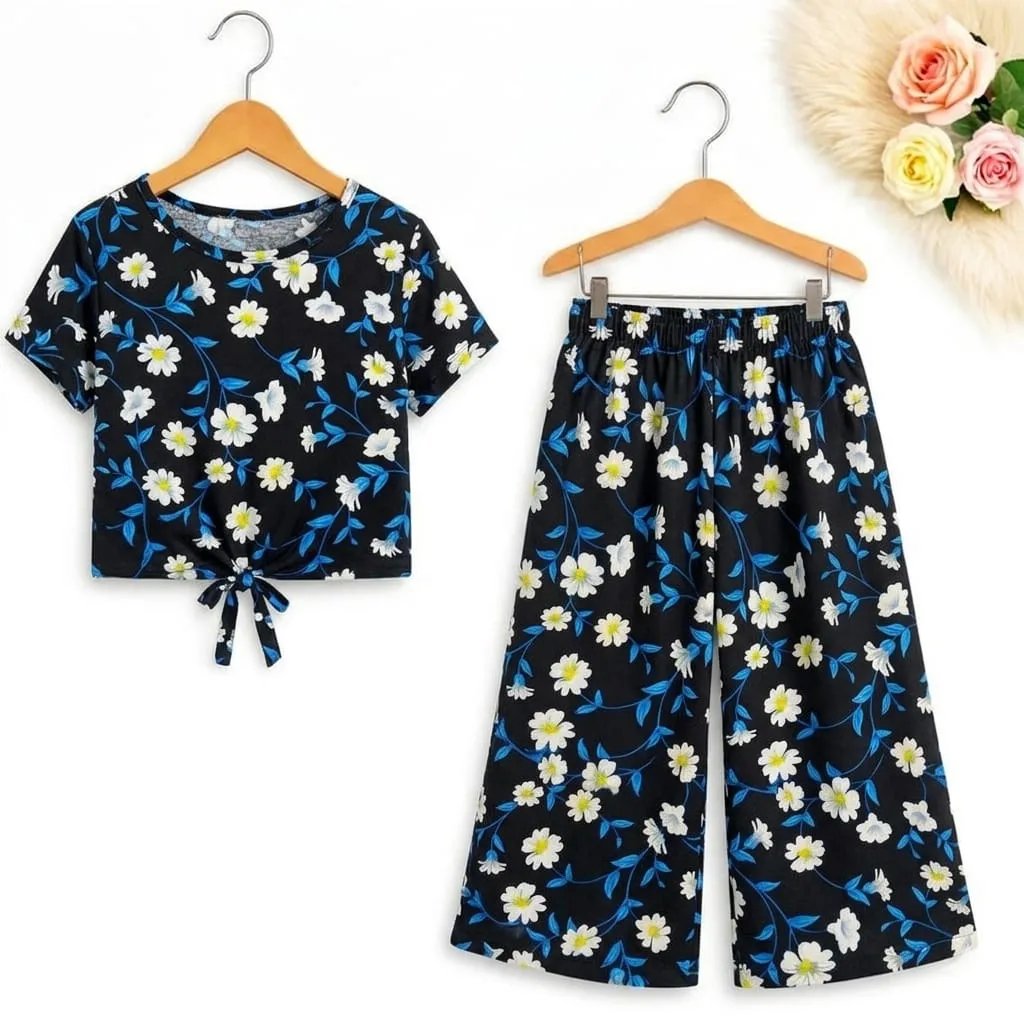 White Flowers And Blue Leaves Black Skate Fish- Girls