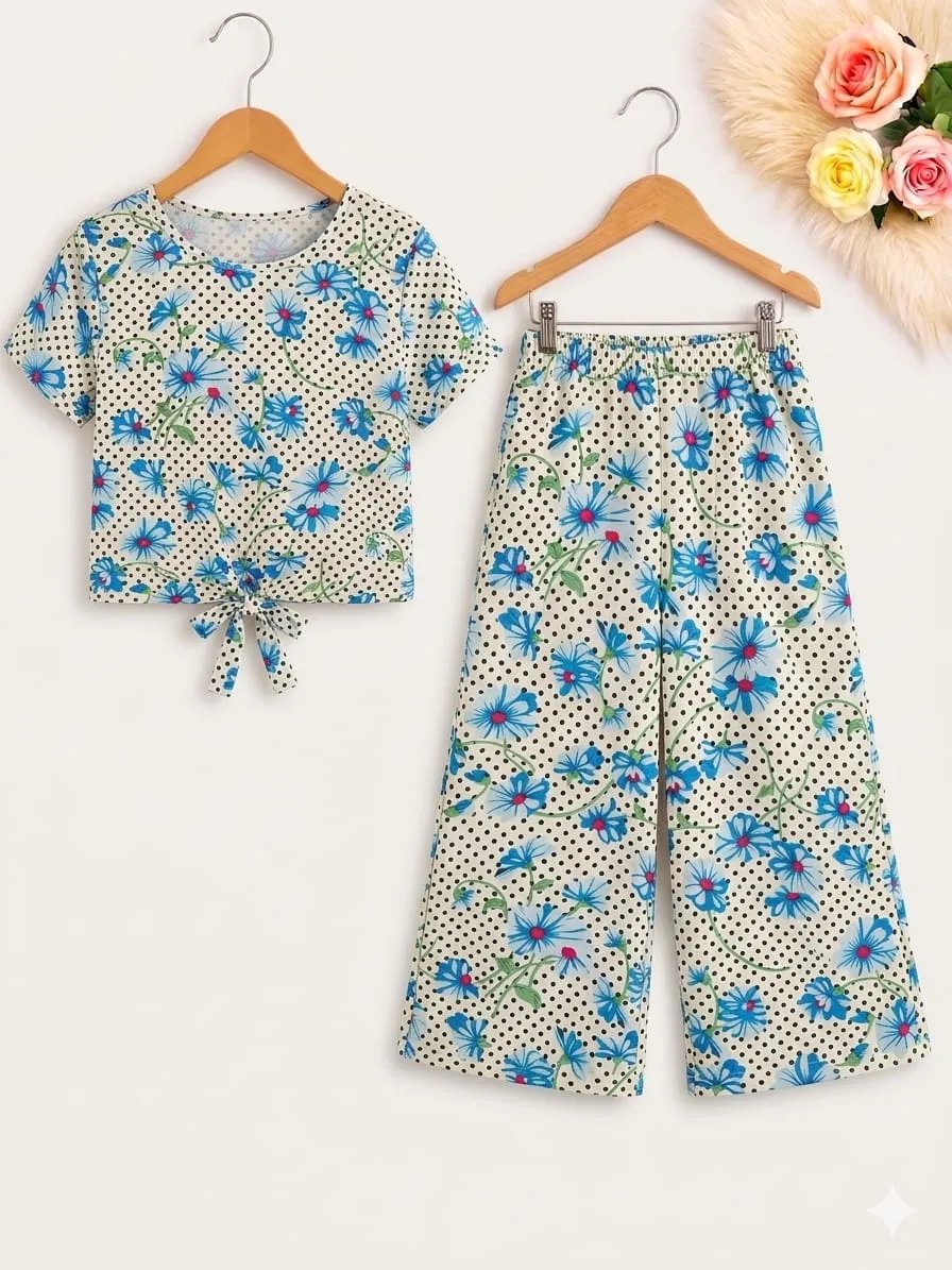 Blue Flowers and Dots Print White Skate Fish- Girls