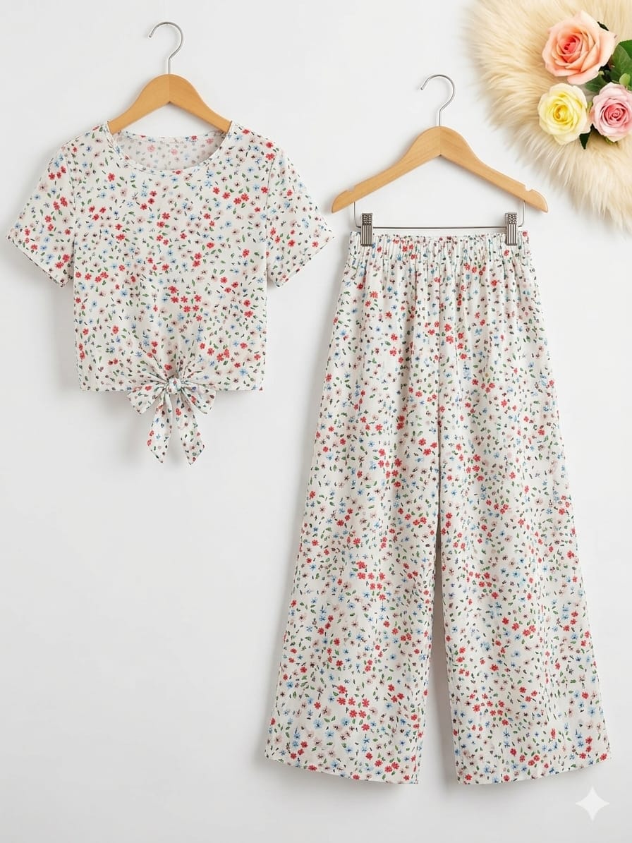 Red and green Flowers Half Sleeveless White Skate Fish- Girls