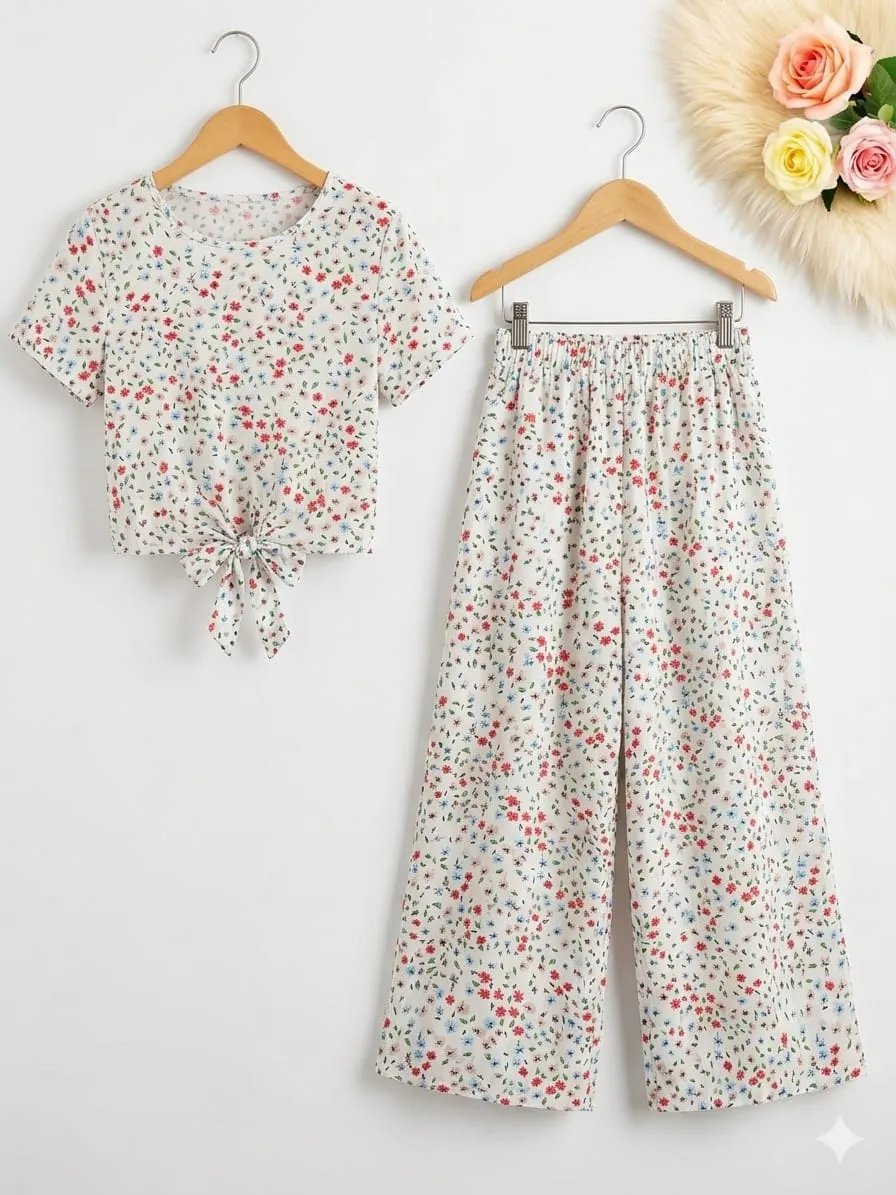 Red and green Flowers Half Sleeveless White Skate Fish- Girls