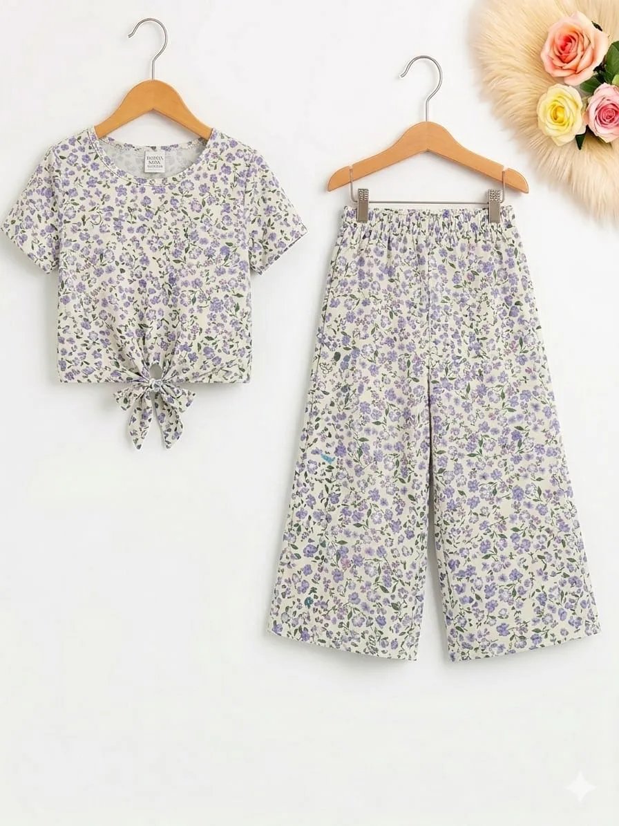 Purple Flowers Half Sleeveless White Skate Fish- Girls
