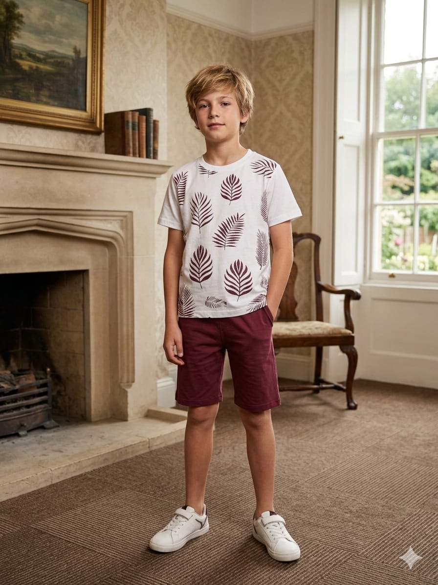 Summer Mehroon leafy combo white nicker suit- Boys