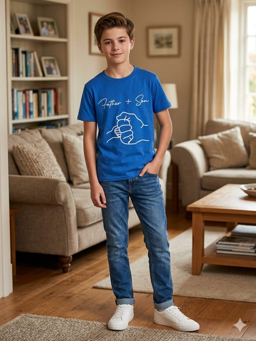 Father & Son Print Blue T-shirt- Boys