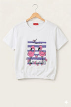 Short Length  Ducks Print White T- Shirt- Girls