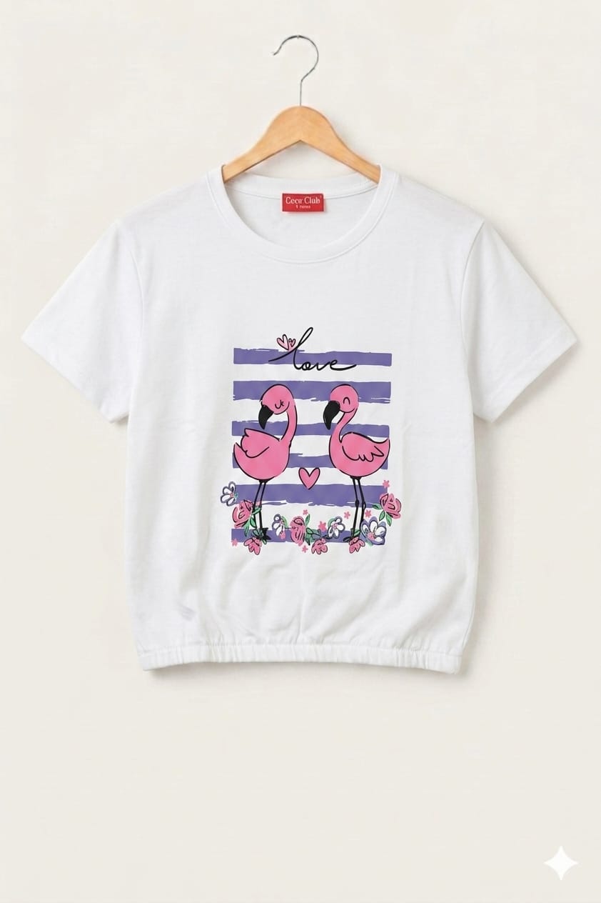Short Length  Ducks Print White T- Shirt- Girls