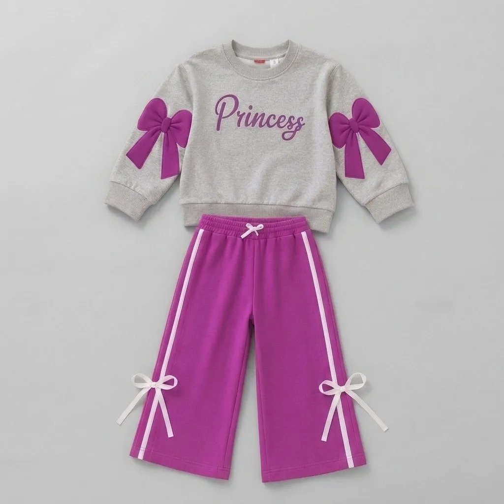 Terry Grey and Purple Bow Tracksuit for Girls (134N)
