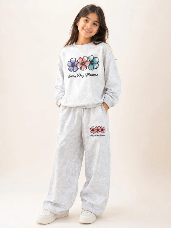 Every Day Matters Floral Light Grey Tracksuit for Girls (147 N)