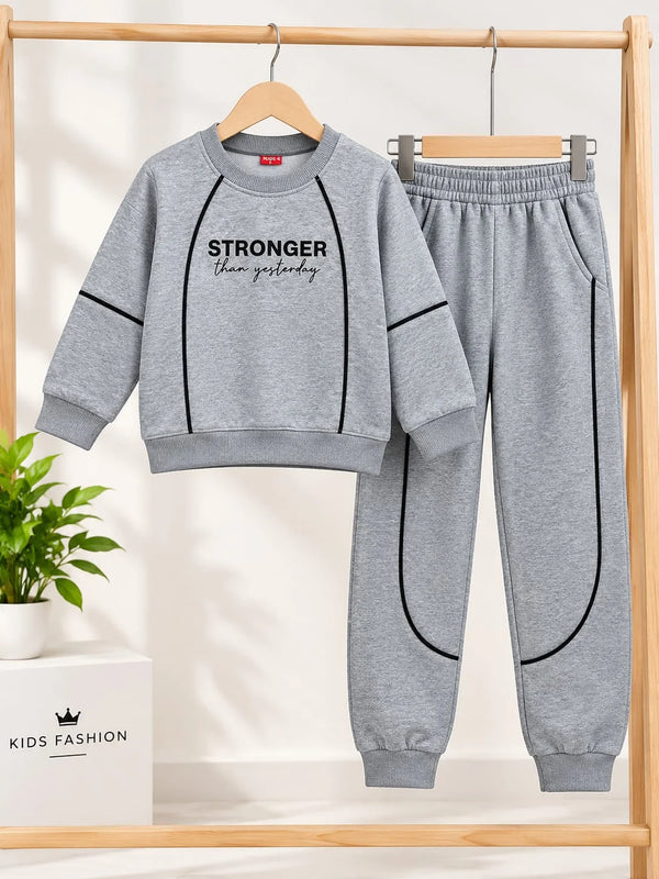 Stronger Than Yesterday Fleece Grey Tracksuit for Boys (140 N)
