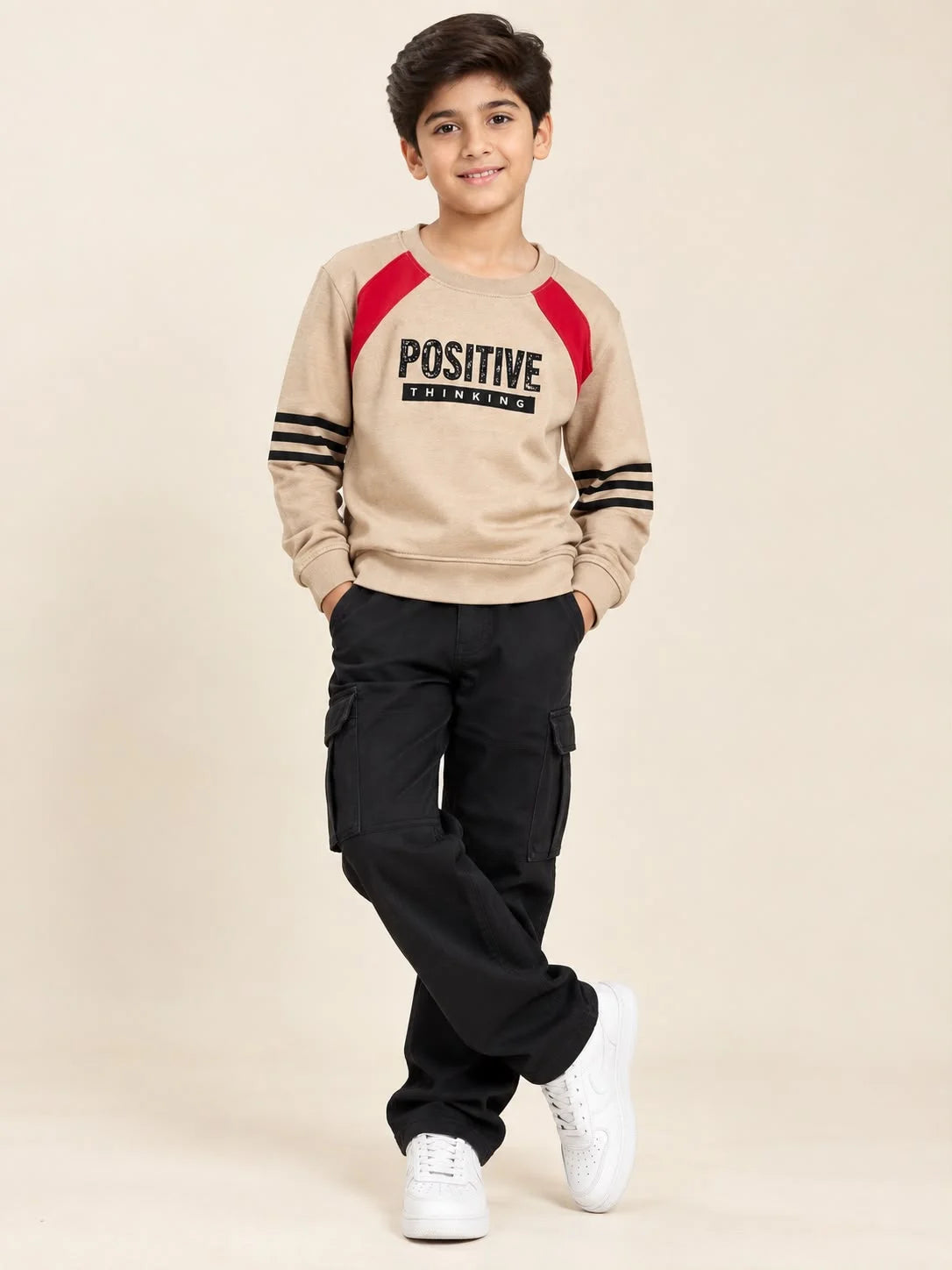 Positive Thinking  Beige Sweatshirt For Boys (R-112 N )