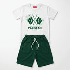 Azadi Special Printed Crossed Flags Independence Day Short Set - White & Green