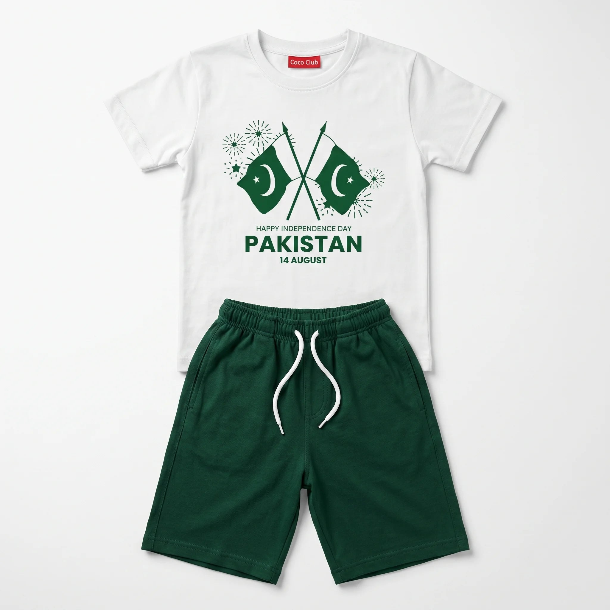 Printed Crossed Flags Independence Day Short Set - White & Green