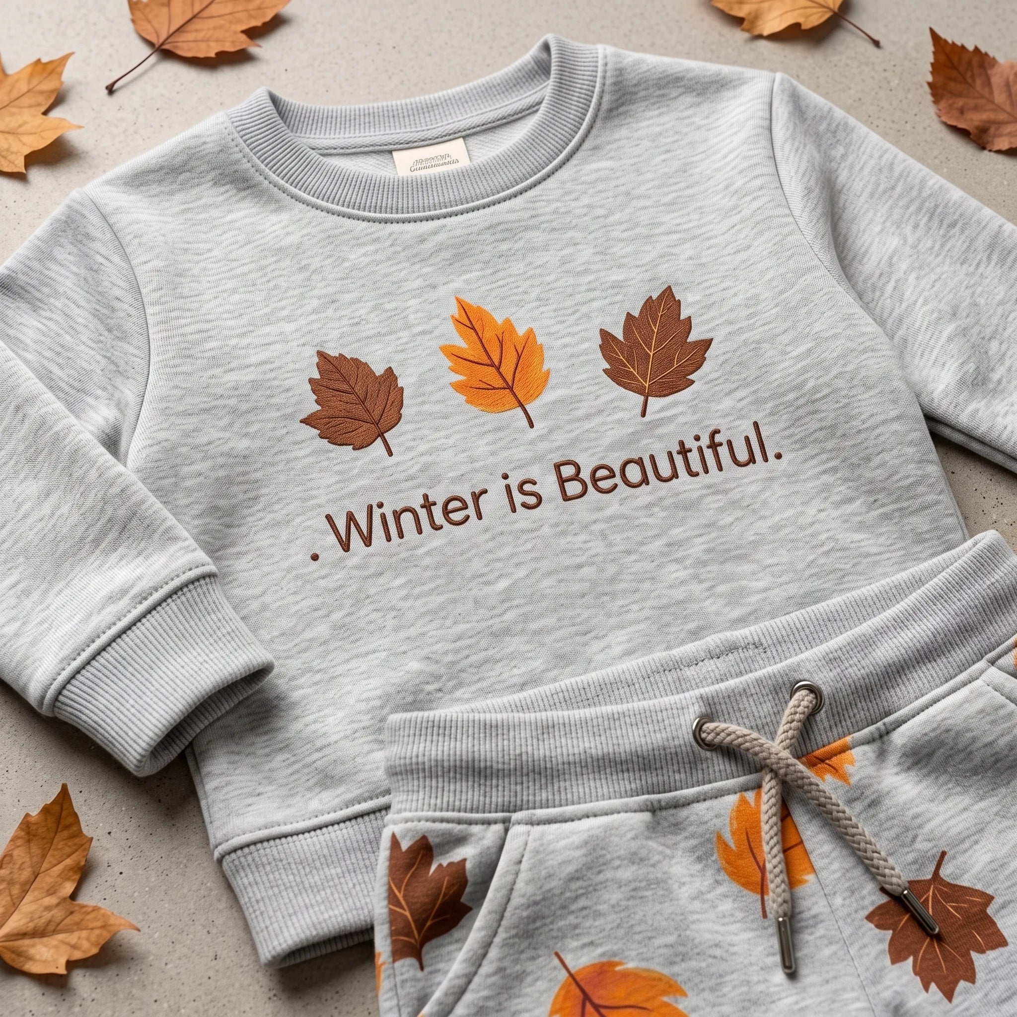 A light heather gray children's sweatshirt and matching sweatpants set laid flat on a textured surface with scattered autumn leaves. The sweatshirt has three printed leaves in brown, orange, and rust tones above the phrase '.