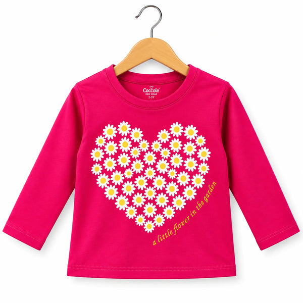 Daisy Heart Graphic Full Sleeve Pink T-Shirt for Girls (162 N)