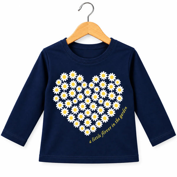 Daisy Heart Graphic Full Sleeve Navy T-Shirt for Girls (162 N)