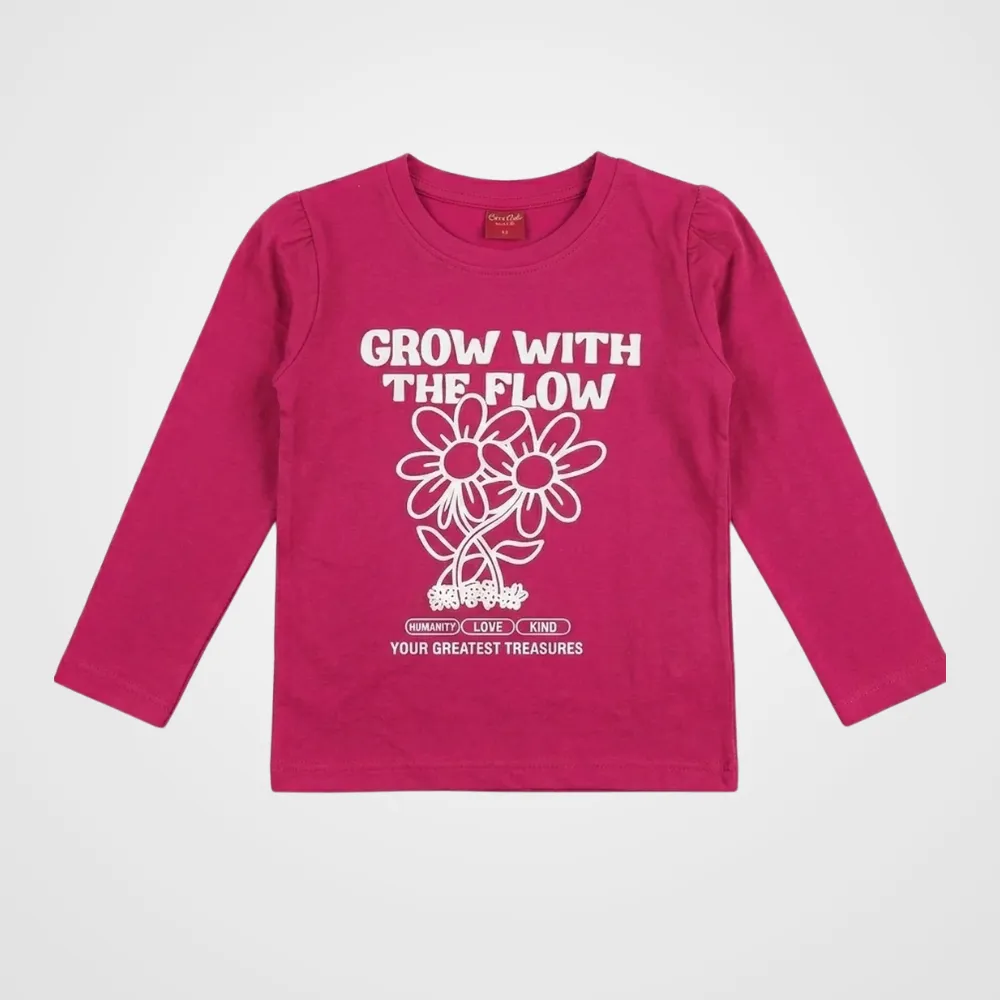 Magenta Floral Print Full Sleeve T-Shirt for Girls (149N)