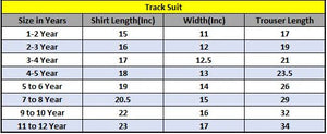 Table showing track suit measurements for different age groups in years.